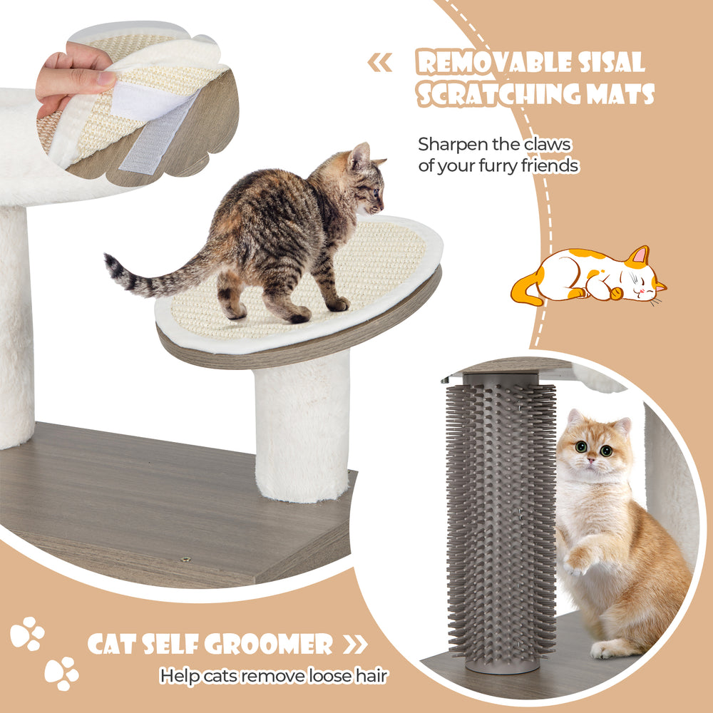 Multi-level gray cat tower with removable sisal mats, self groomer, and spacious condo for indoor cats.