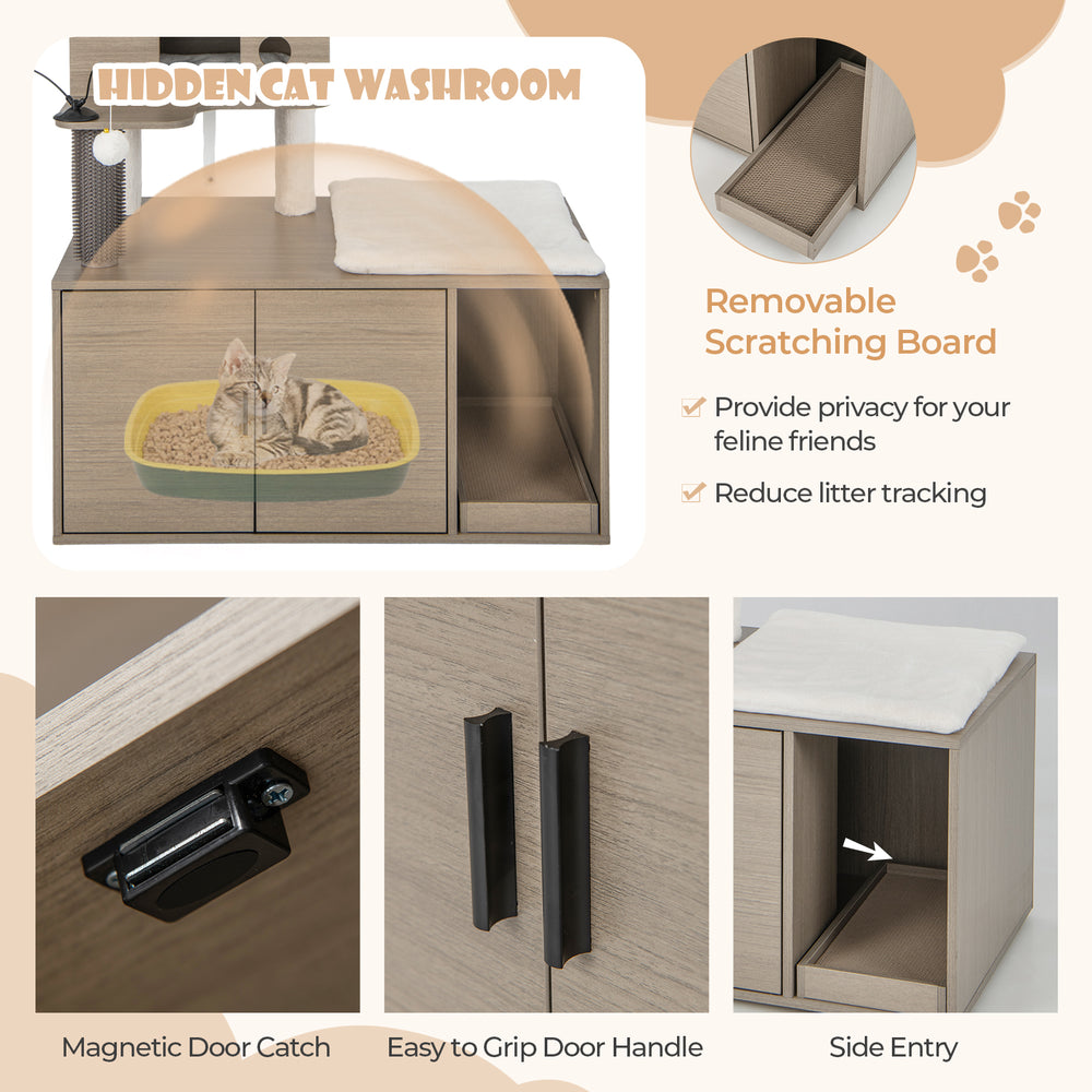 Modern gray cat tower with litter box enclosure, featuring a plush perch, scratching board, and side entry for easy.