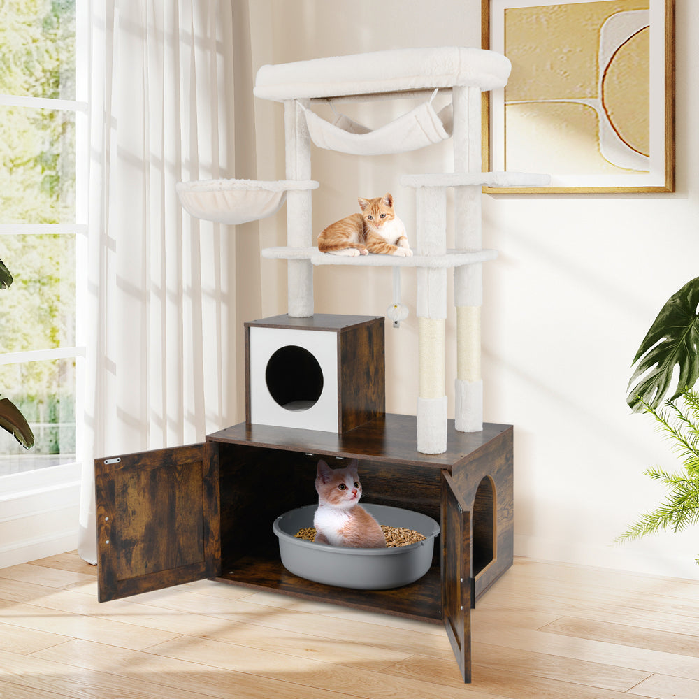 Cat tree with litter box enclosure in rustic brown, featuring a padded perch, hammock, and scratching posts for indoor.