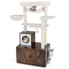 Cat tree with litter box enclosure in rustic brown, featuring a hammock, scratching posts, and spacious platforms for.
