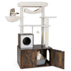 Cat tree with litter box enclosure in rustic brown, featuring a hammock, scratching posts, and large padded perch for.