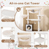 Oversized padded top perch and comfy hammock on a rustic brown cat tree with litter box enclosure for indoor cats.