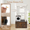 Cat tree with litter box enclosure in rustic brown, featuring adjustable foot pads and anti-tipping kit for stability.
