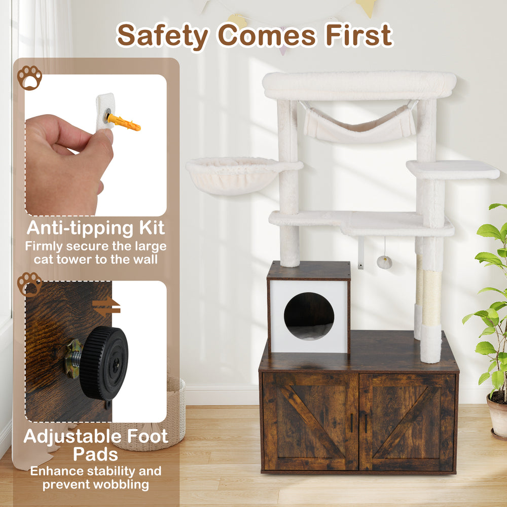 Cat tree with litter box enclosure in rustic brown, featuring adjustable foot pads and anti-tipping kit for stability.