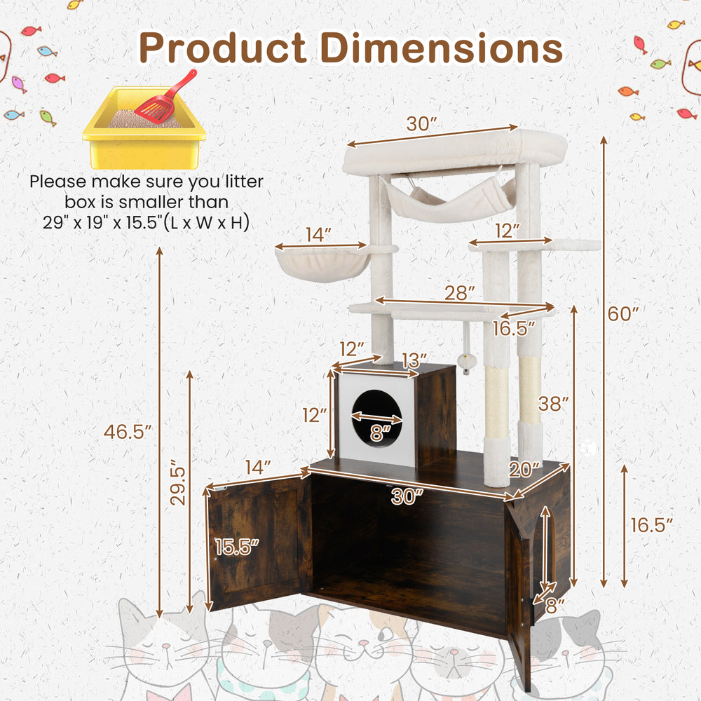 Cat tree with litter box enclosure in rustic brown, featuring a padded top perch and multiple levels for indoor cats.