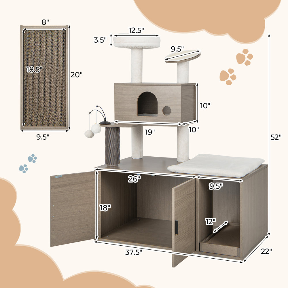 Multi-level gray cat tower with litter box enclosure, scratching board, and plush perch for indoor cats.