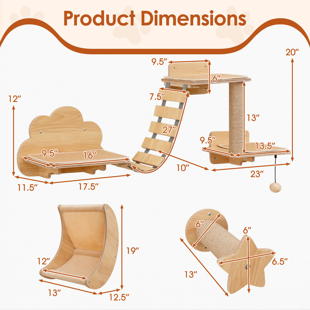 Product dimensions for the Cat Wall Furniture Set, featuring a hammock, scratching post, and climbing bridge for.