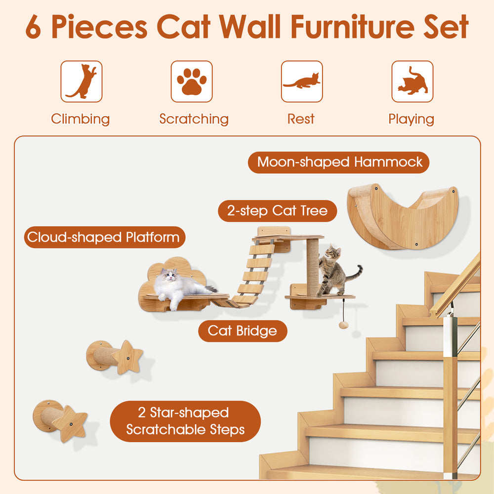 Cat wall furniture set featuring a moon-shaped hammock, 2-step cat tree, and cloud-shaped platform for climbing and.