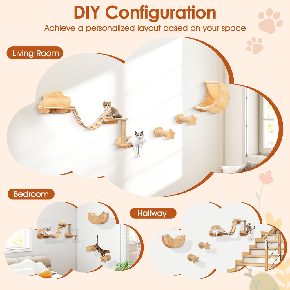 Cat wall furniture set featuring natural wood shelves, hammock, and climbing bridge for playful kittens in various.