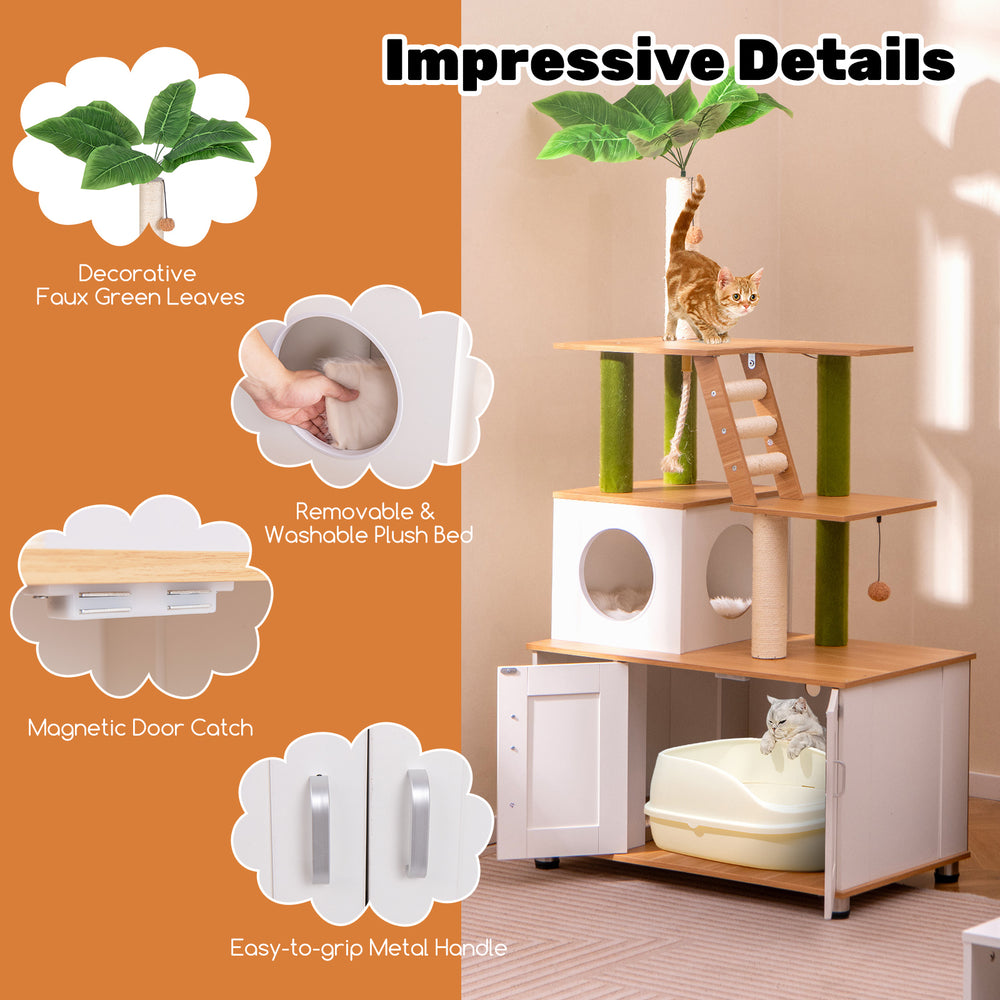 Hidden cat washroom with cat tower features removable plush bed, sisal scratching posts, and decorative faux leaves.