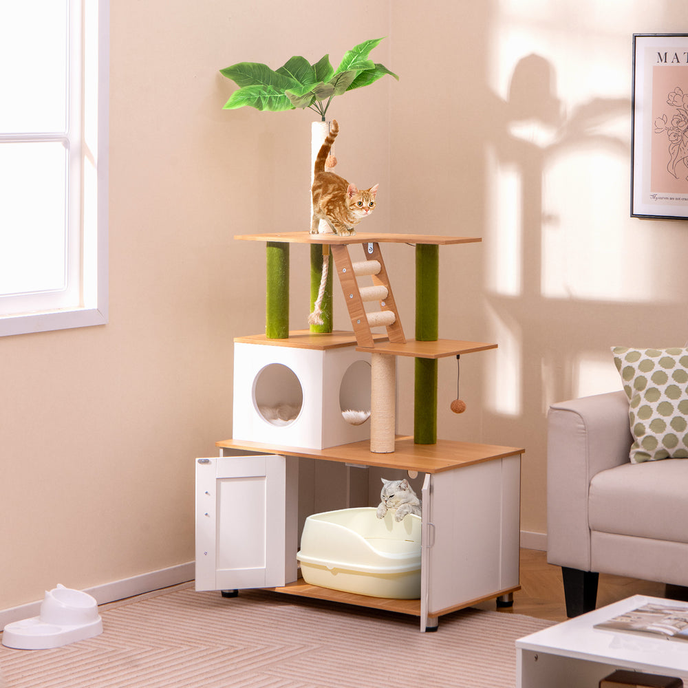 Hidden cat washroom with cat tower in white, featuring cozy condo, scratching posts, and decorative faux leaves for.