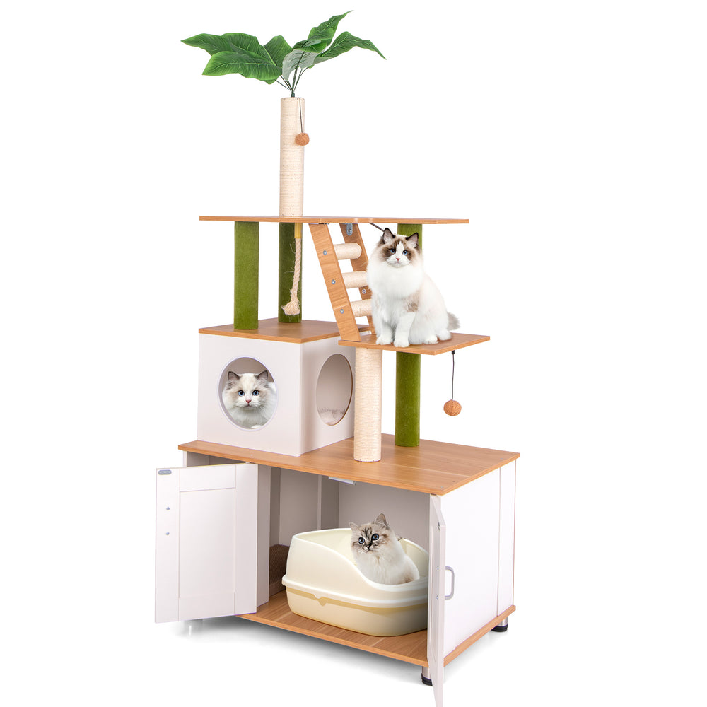 Cat tower with hidden washroom in white, featuring scratching posts, cozy condo, and decorative faux leaves for indoor.