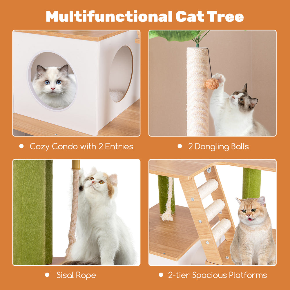 Cozy condo with two entries and sisal rope for scratching, perfect for indoor cats to relax and play.