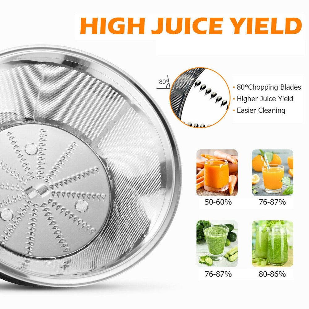 Centrifugal juicer machine close-up showing high juice yield mesh filter, designed for easy cleaning and efficient.