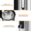 Centrifugal juicer machine close-up showing safety lock, sharp blade filter, and anti-drip outlet for efficient juicing.