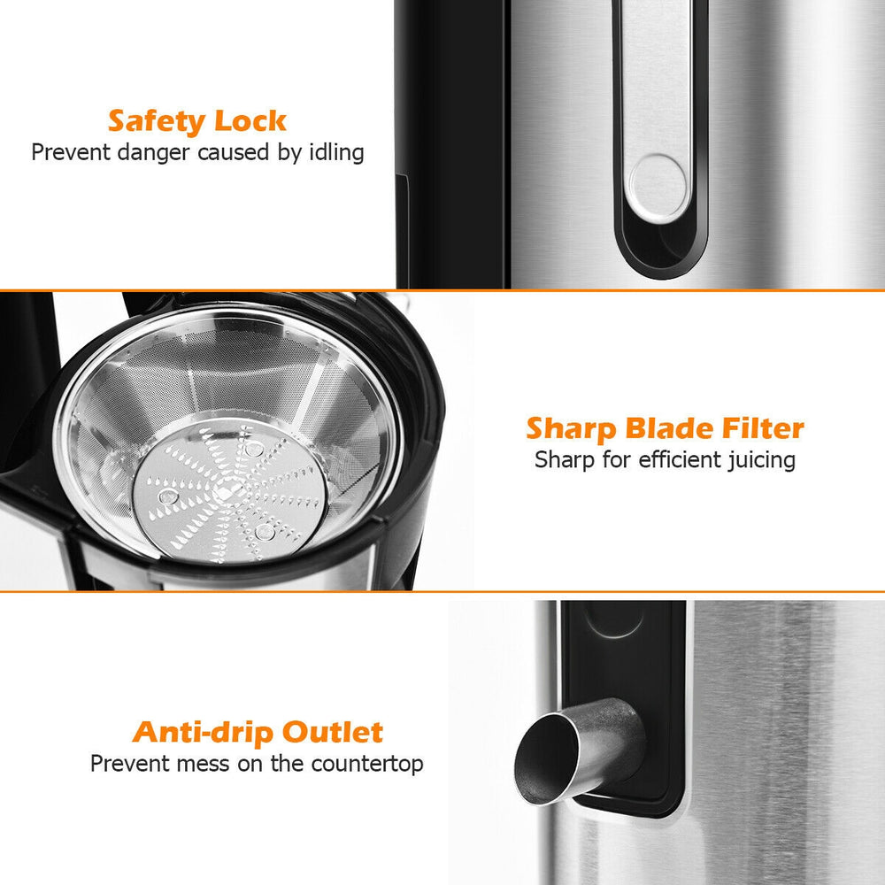 Centrifugal juicer machine close-up showing safety lock, sharp blade filter, and anti-drip outlet for efficient juicing.