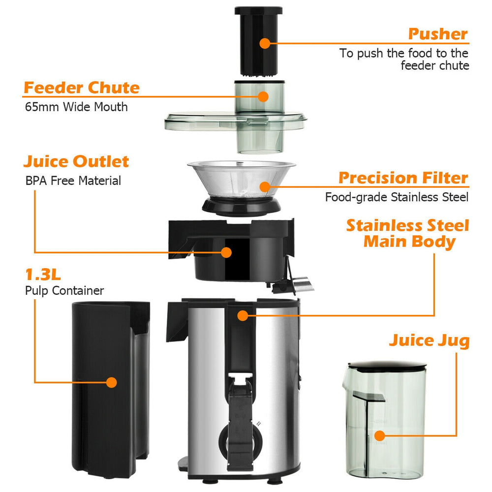 Centrifugal juicer machine with stainless steel body, 2.5" wide feed chute, and 1.3L pulp container for efficient.
