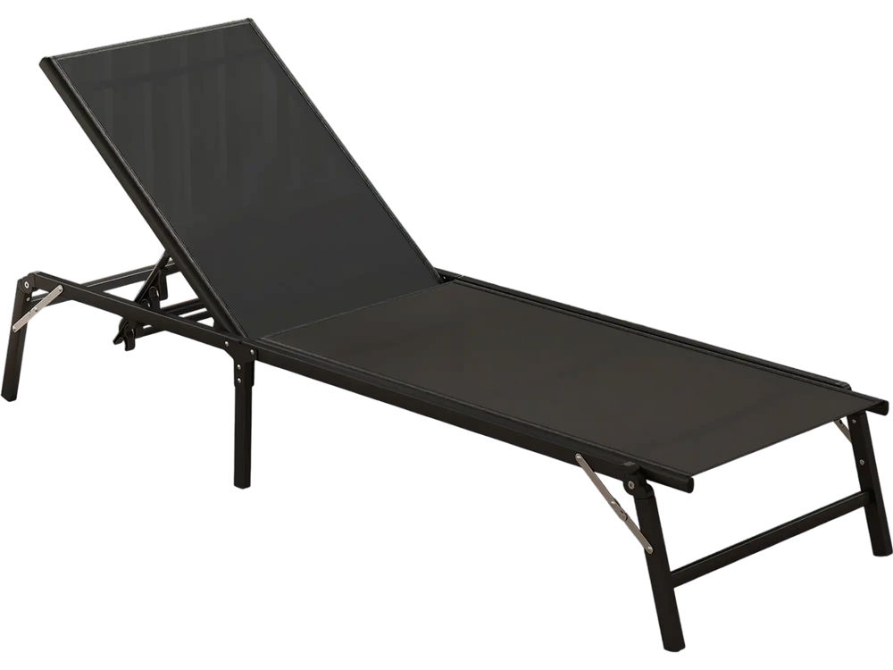 Black foldable chaise lounge chair with adjustable backrest, perfect for patios and outdoor relaxation.