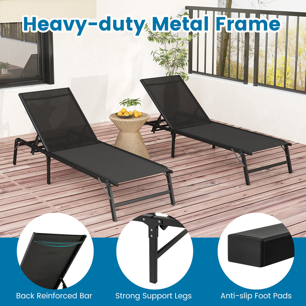 Set of 2 foldable black chaise lounge chairs with adjustable backrests, perfect for patios and outdoor relaxation.