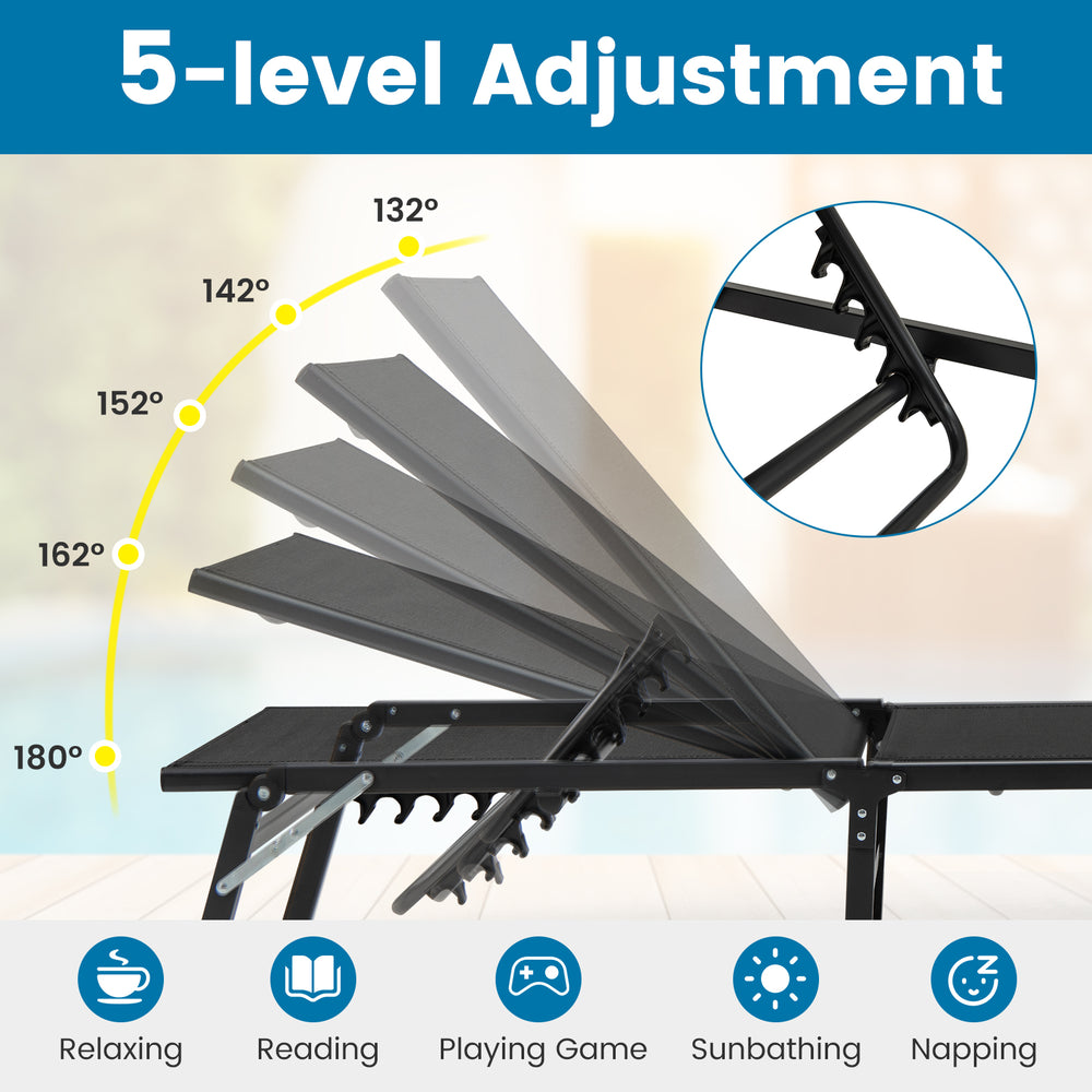 5-level adjustable backrest of black foldable patio lounge chair set for relaxing, sunbathing, or napping outdoors.