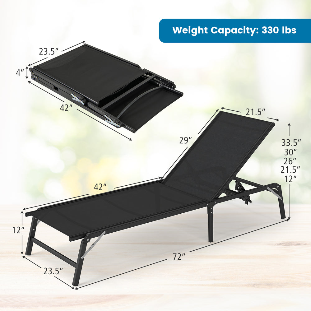 Foldable black chaise lounge chair with 5-level adjustable backrest, perfect for patios and outdoor relaxation.