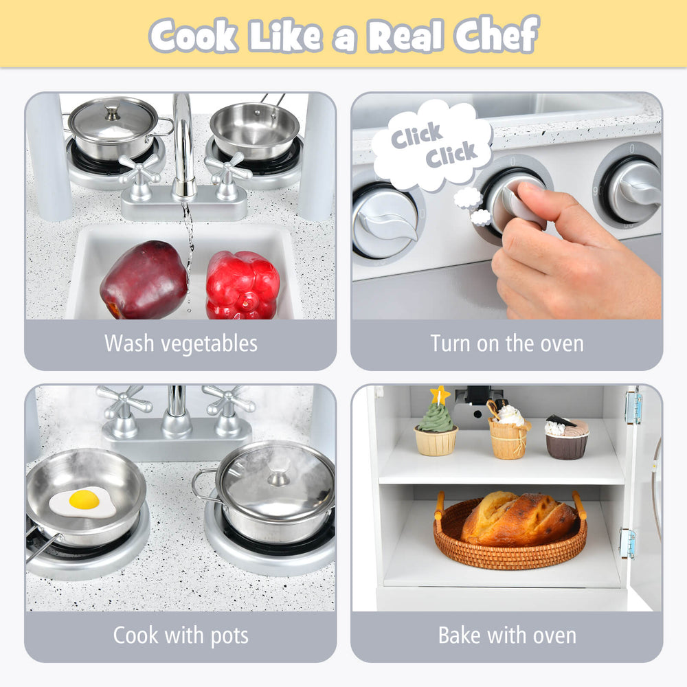 Chef pretend kitchen playset with cooking oven and sink, featuring pots, utensils, and realistic knobs for toddlers.