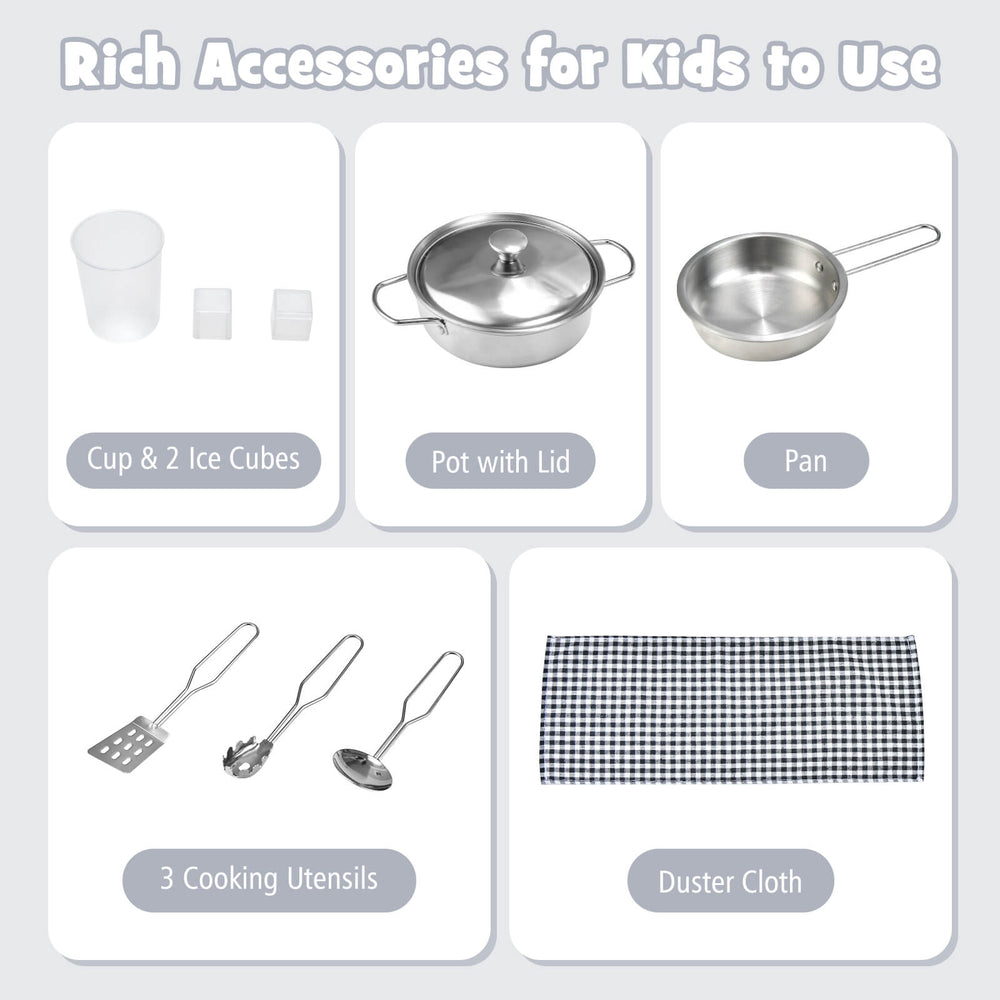 Set of cooking accessories for kids, including pot, pan, cup, utensils, and duster cloth for imaginative play.