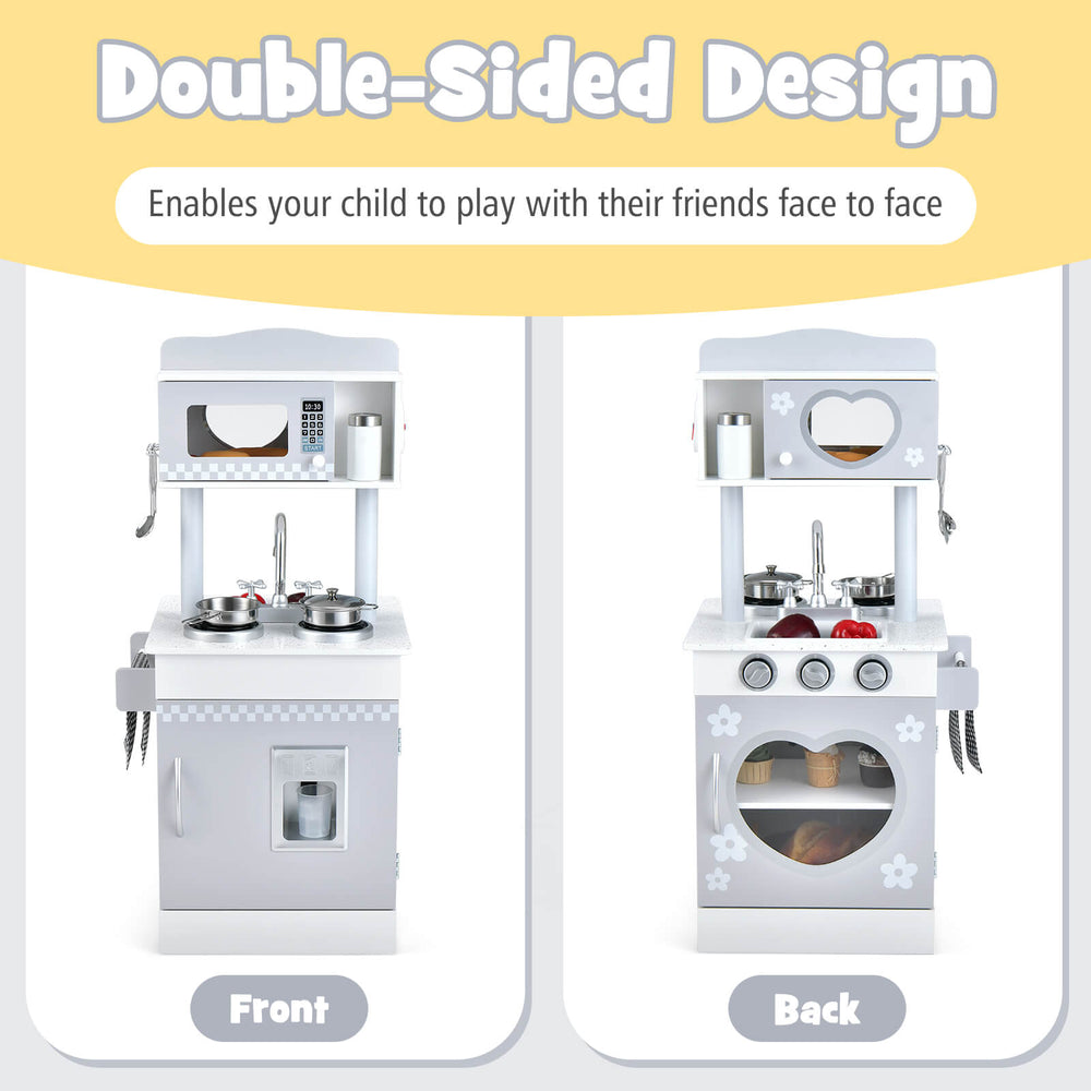 Double-sided Chef Pretend Kitchen Playset with cooking and washing features, perfect for toddlers aged 3 and up.