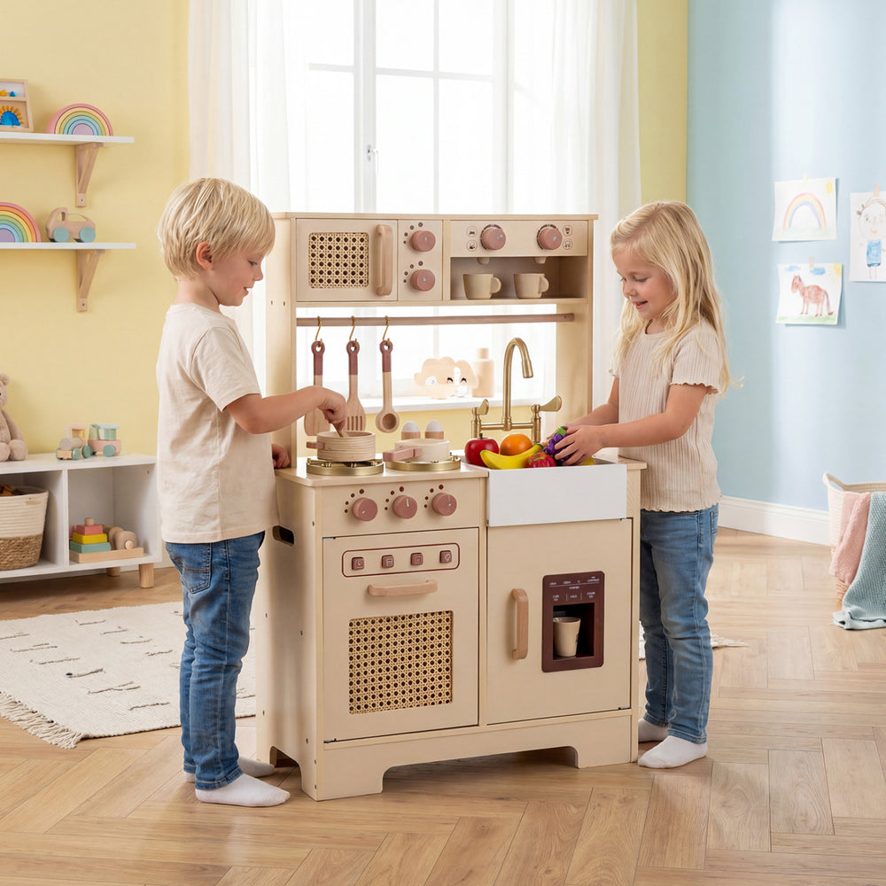 Kids play with the Chef Pretend Play Kitchen featuring realistic lights, sounds, and interactive cooking elements.