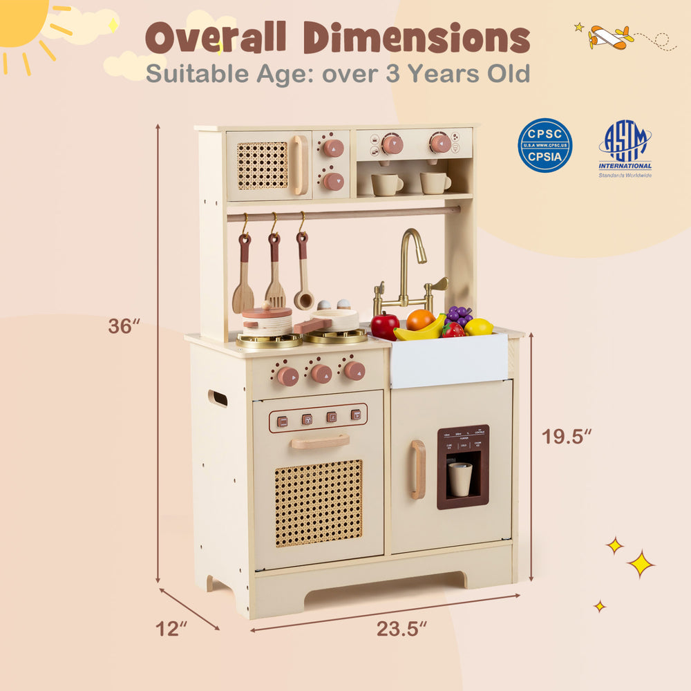 Kids' pretend play kitchen in yellow with realistic lights, sounds, and interactive features for imaginative play.