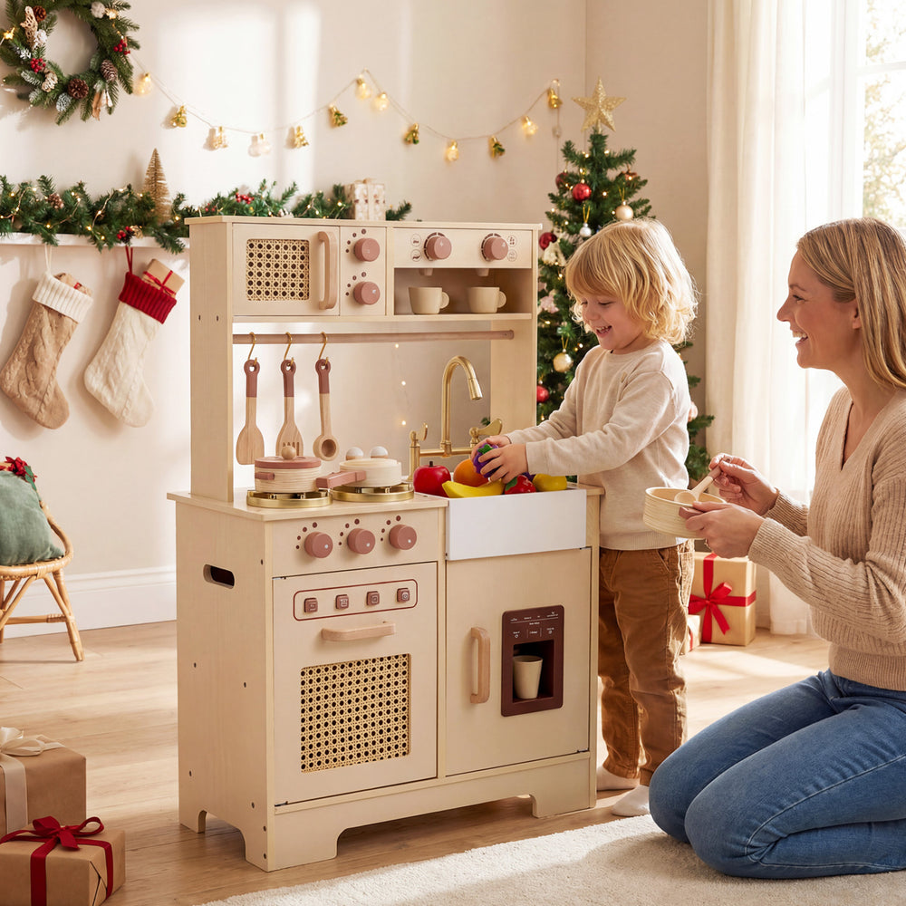 Kids' Chef Pretend Play Kitchen in yellow with realistic lights and sounds, featuring a sink, stove, and interactive.