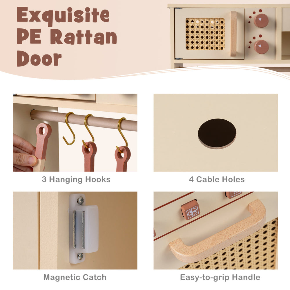 Chef pretend play kitchen featuring a PE rattan door, 3 hanging hooks, and 4 cable holes for organized play.