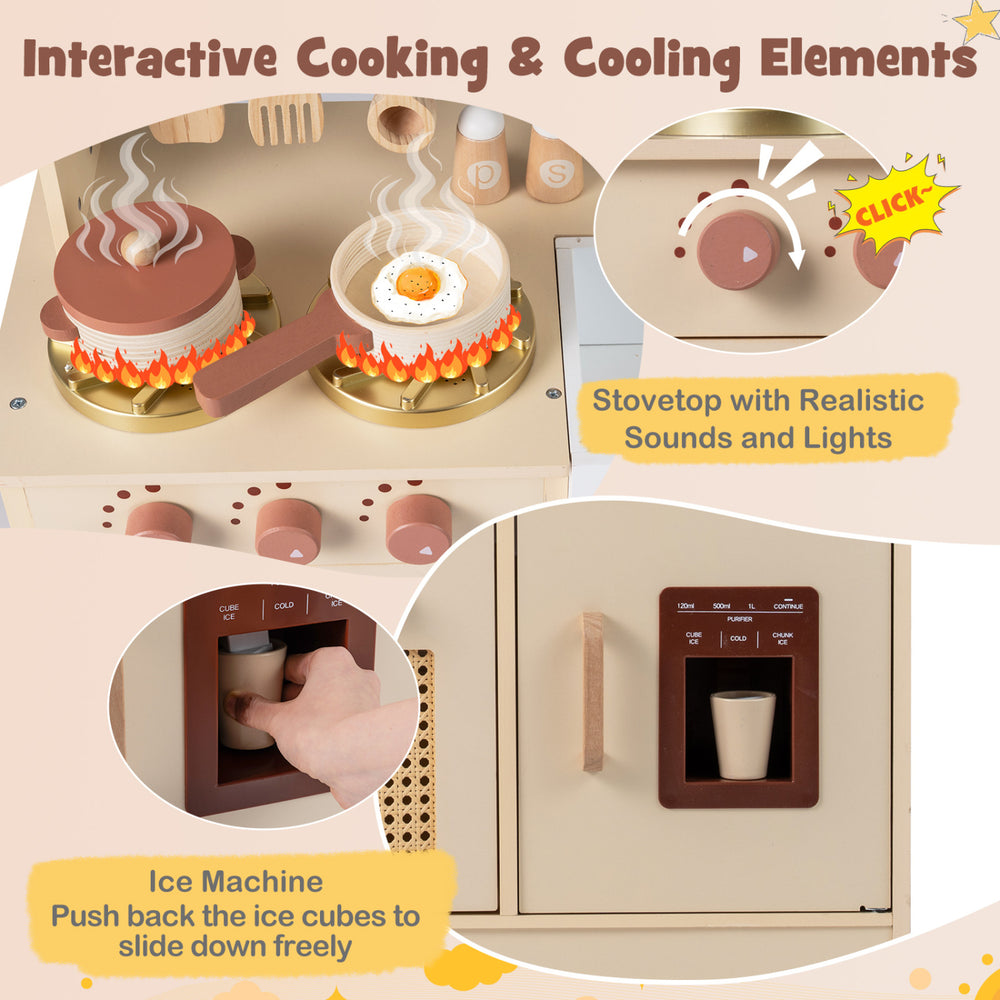 Interactive kids' kitchen with stovetop, ice machine, and realistic lights and sounds for imaginative play.