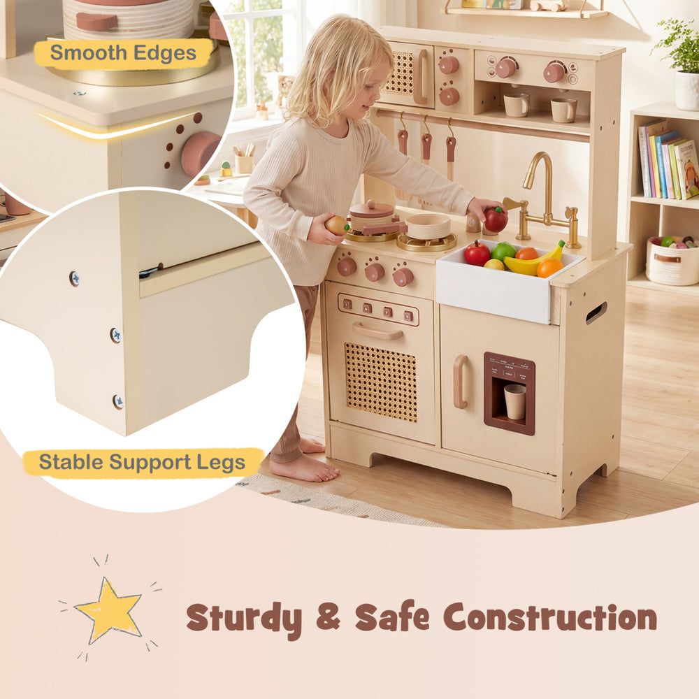 Chef pretend play kitchen for kids in yellow with realistic lights, sounds, and smooth edges for safe imaginative play.