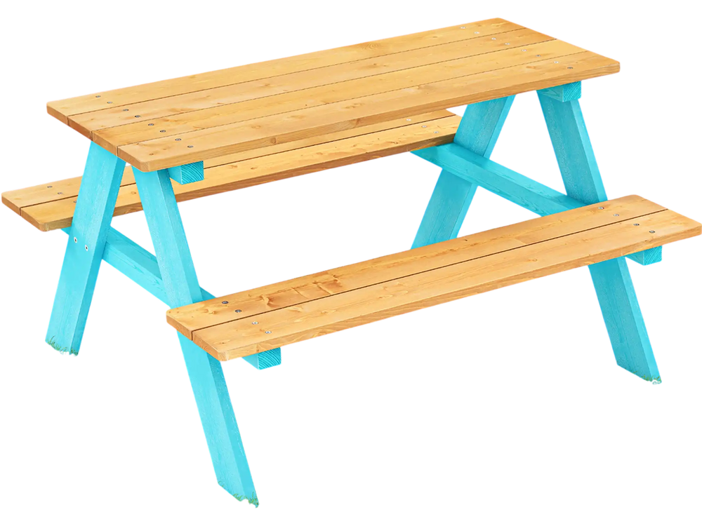 Children's outdoor wooden table with blue legs, made of fir wood, perfect for play and learning in gardens or patios.