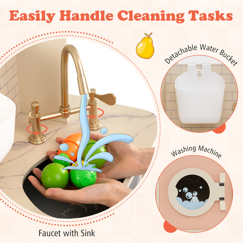 Children's pretend toy kitchen playset featuring a faucet with sink, detachable water bucket, and light-up stoves for.
