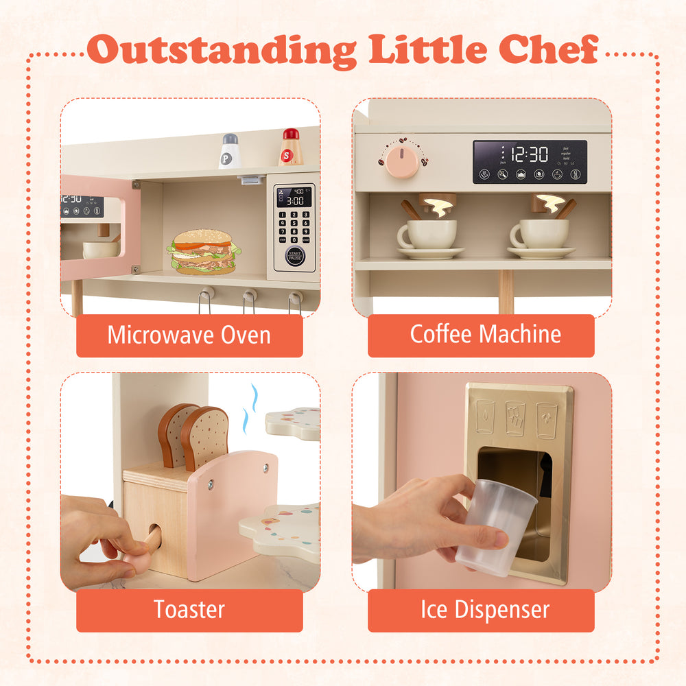 Children's pretend toy kitchen playset in pink featuring a microwave oven, coffee machine, toaster, and ice dispenser.