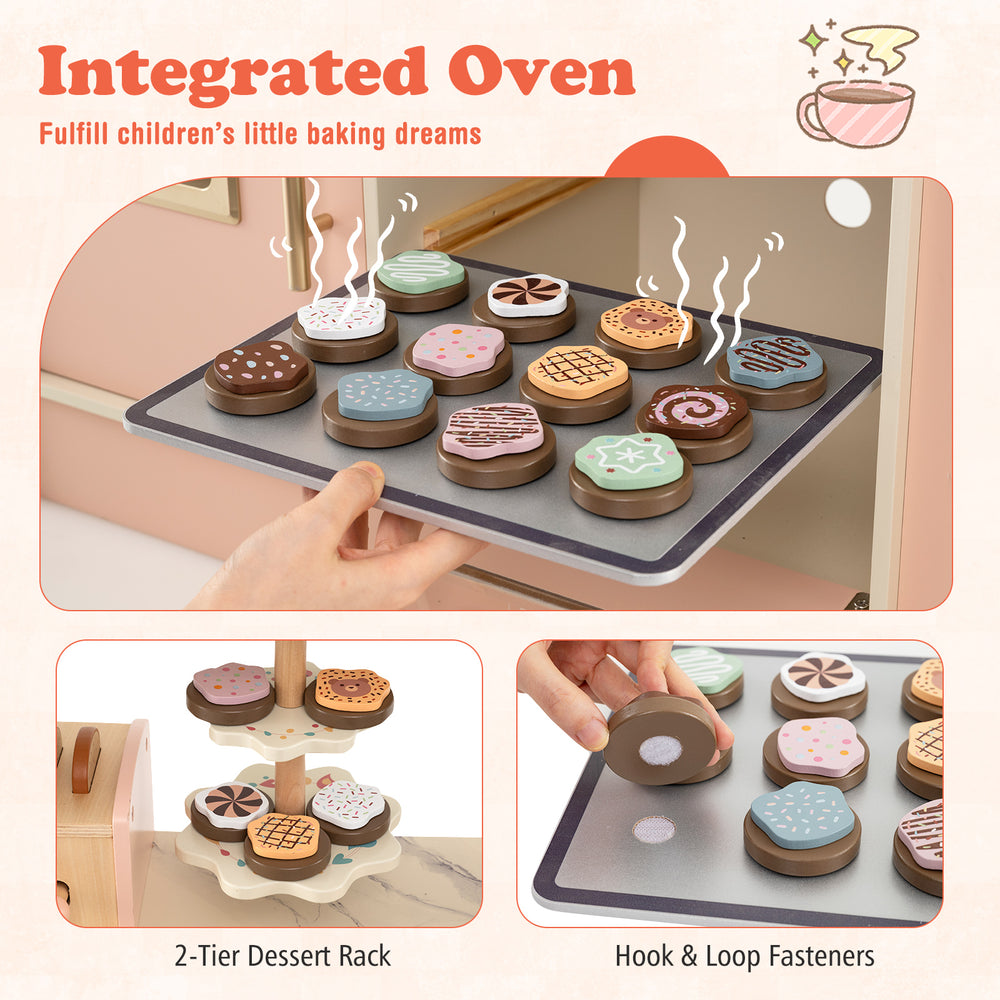 Colorful dessert rack with doughnut toys and hook and loop fasteners, part of a pink pretend toy kitchen playset.