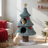 Christmas cat tree in frost-kissed green with two condos, scratching post, and gold star for indoor cats.