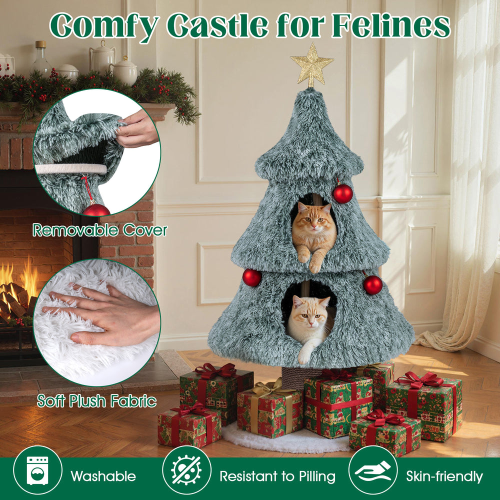 Christmas cat tree with plush green fabric, two condos, and a scratching post, perfect for indoor cats and multi-cat.