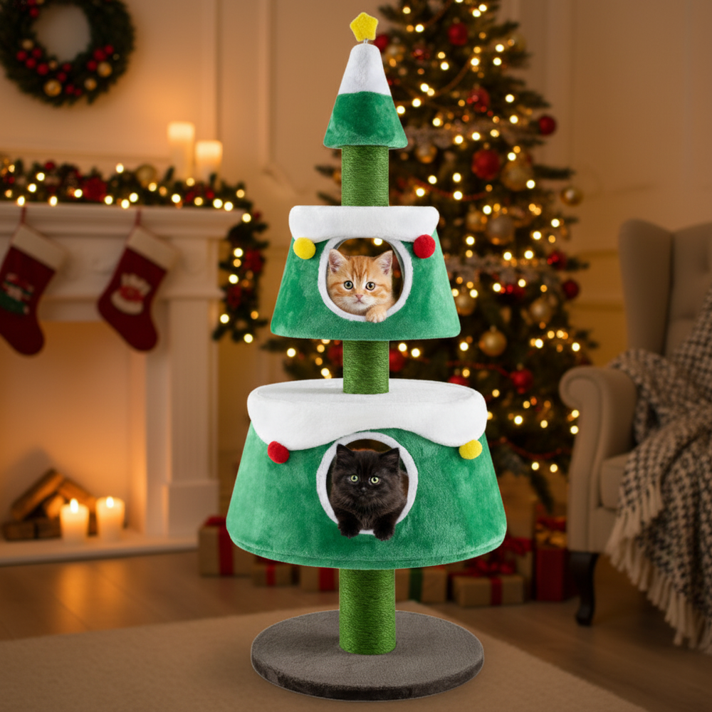 Christmas cat tree in green with two condos, plush beds, and a star toy, perfect for indoor feline holiday fun.