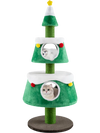 Christmas cat tree in green with two condos, plush surface, and star-shaped toy, perfect for indoor feline fun.