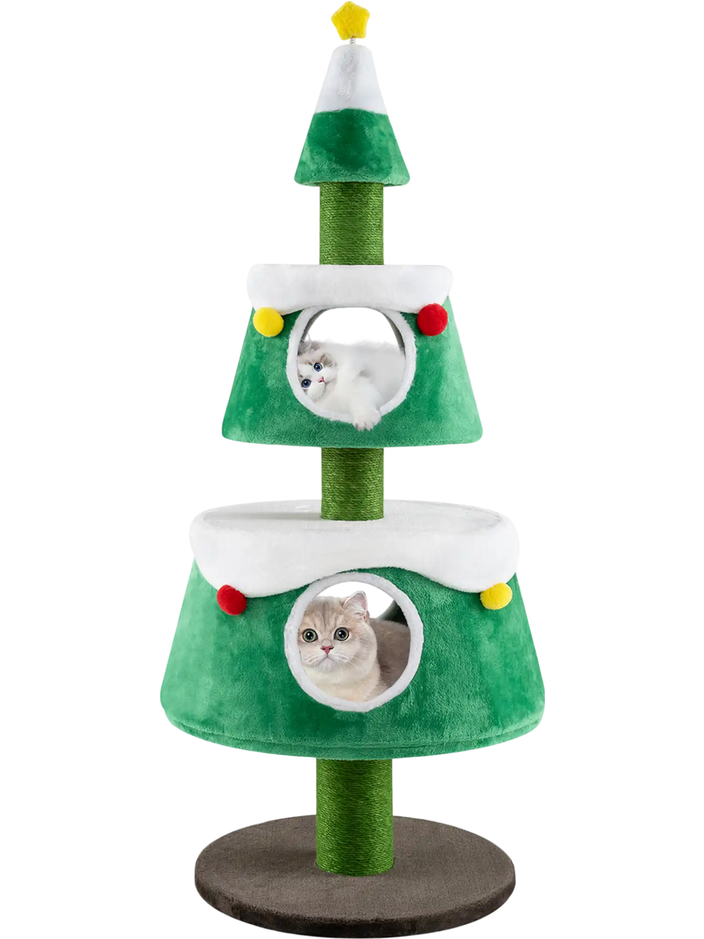 Christmas cat tree in green with two condos, plush surface, and star-shaped toy, perfect for indoor feline fun.