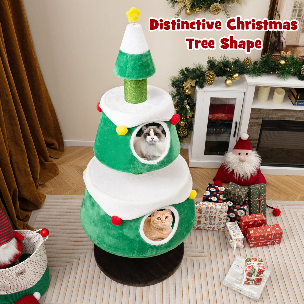 Christmas cat tree in distinctive tree shape with two condos, plush surface, and star-shaped toy for indoor cats.
