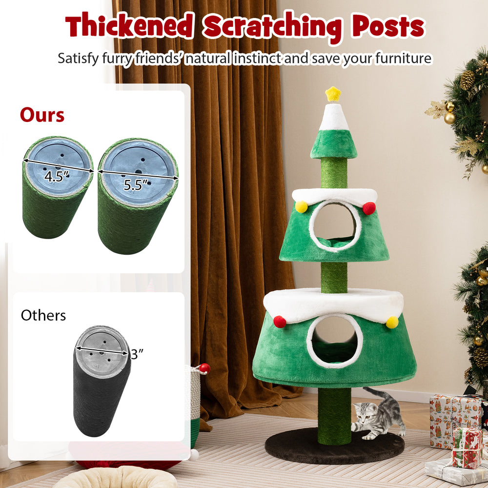 Christmas cat tree in green with thickened scratching posts, double condos, and star-shaped toy for indoor cats.