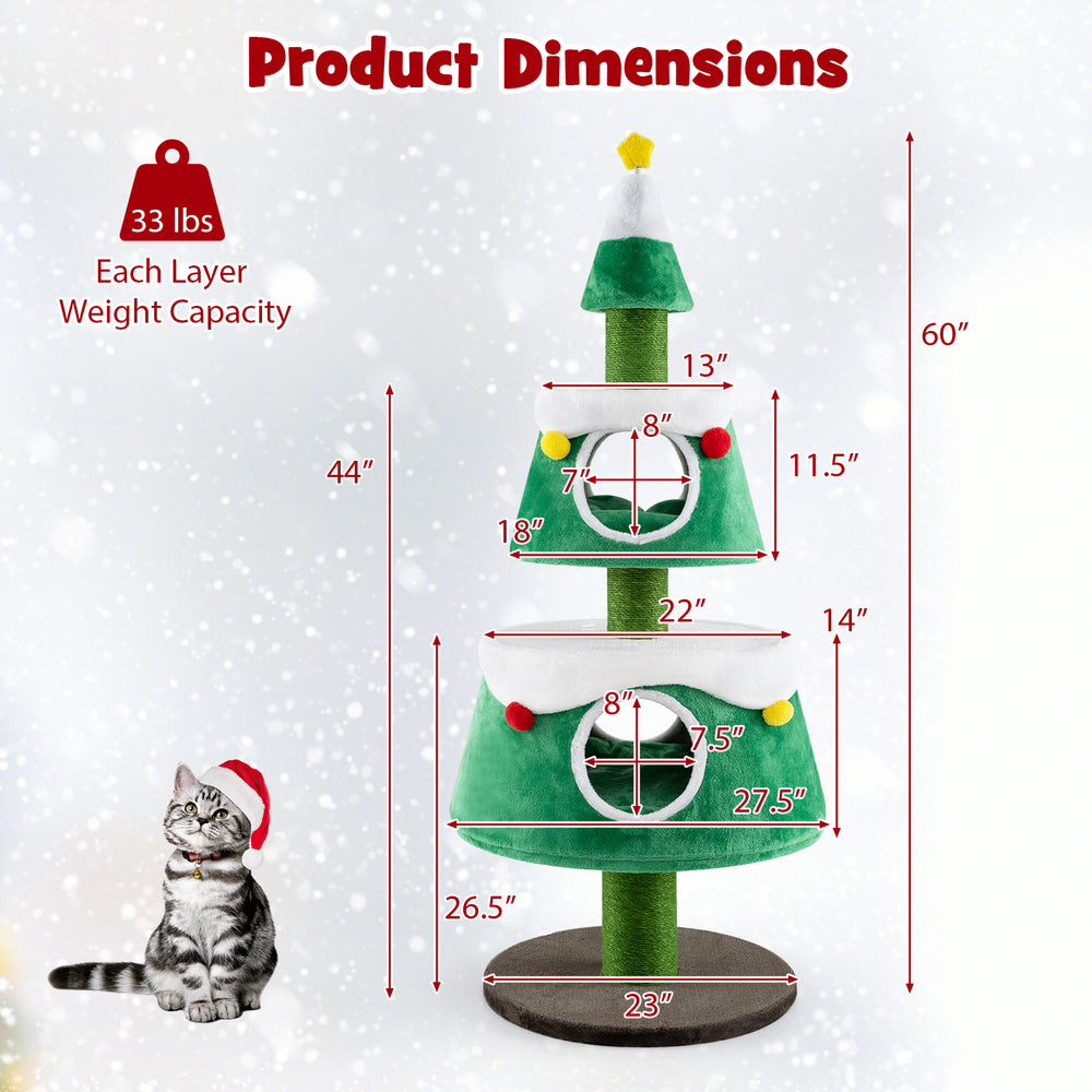 Christmas cat tree in green with two condos, plush surface, and thick scratching posts for indoor cats.