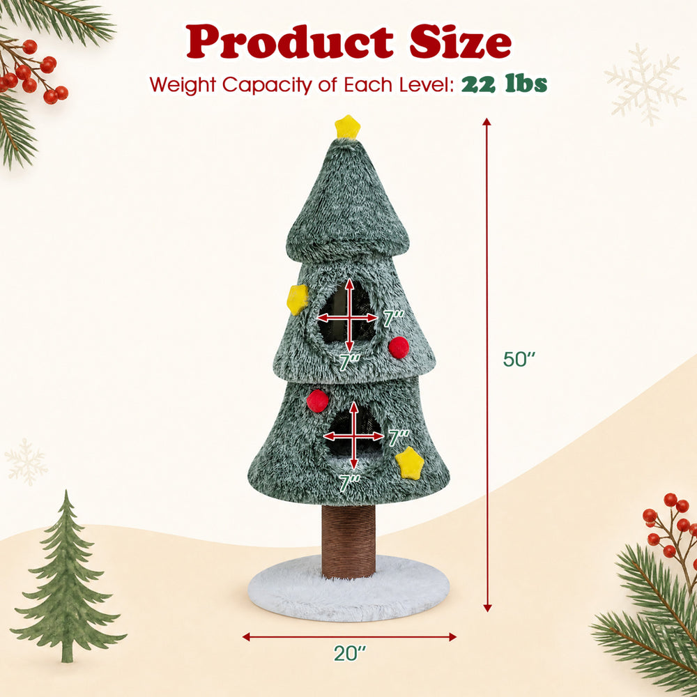 Christmas cat tree in green features two condos, a scratching post, and decorative stars, measuring 50 inches tall.