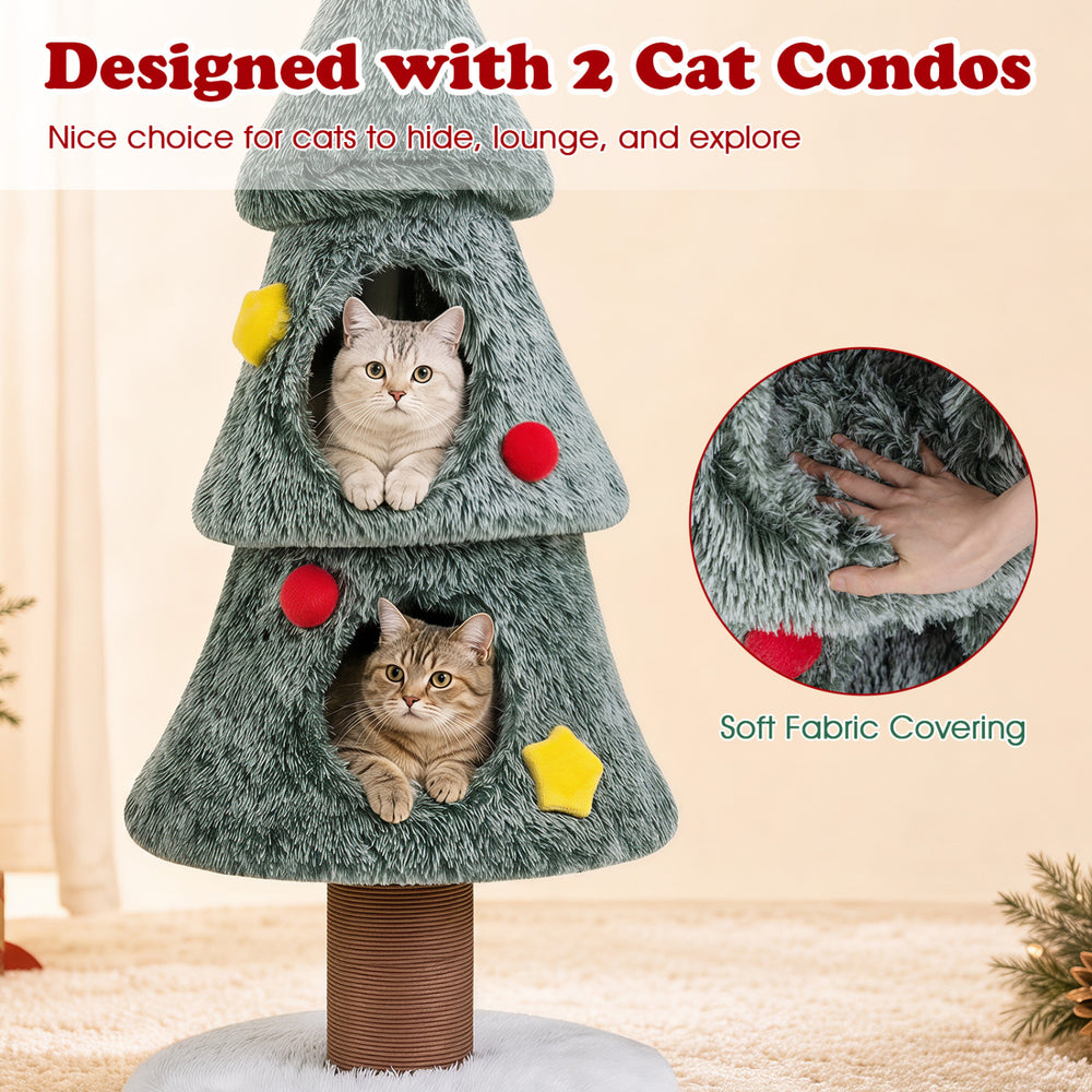 Christmas cat tree in green features 2 condos, plush surface, and scratching post for festive feline fun.