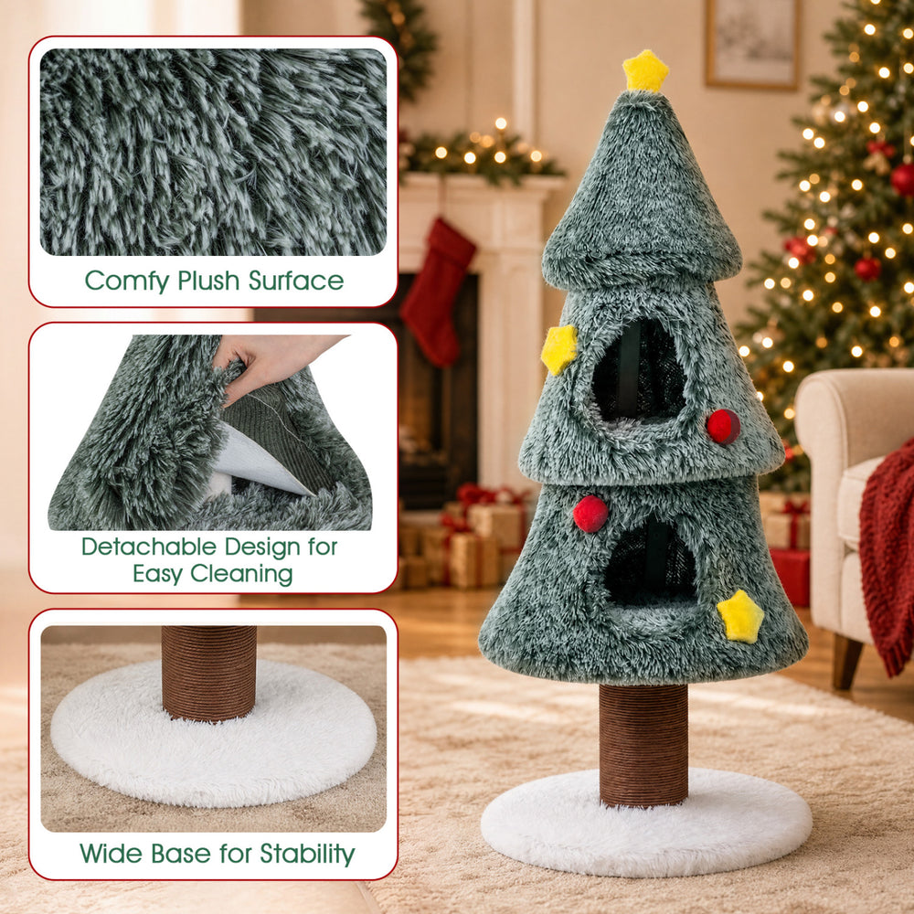 Christmas cat tree in green features two condos, a scratching post, and a plush surface for cozy lounging.