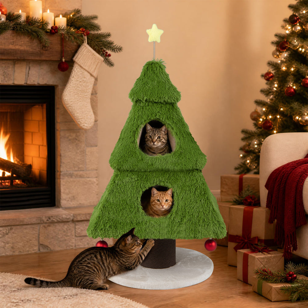 Christmas-themed cat tree in green with plush fabric, multi-level hideouts, and dangling balls for playful exploration.